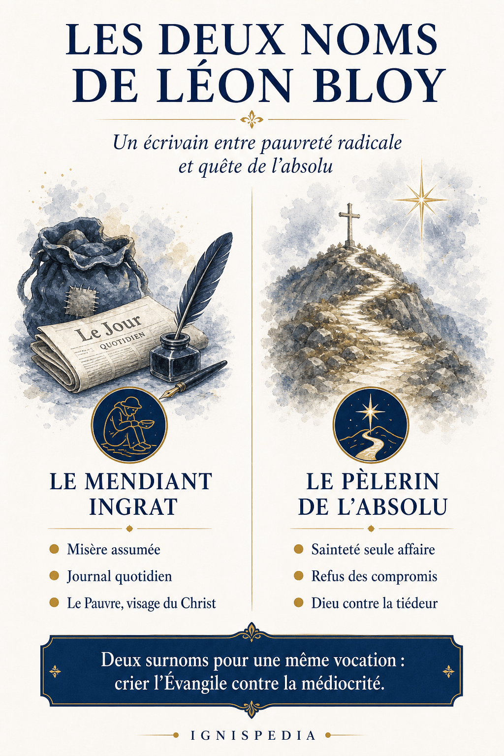 Infographie Ignispedia présentant les deux surnoms de Léon Bloy : le mendiant ingrat et le pèlerin de l'absolu
