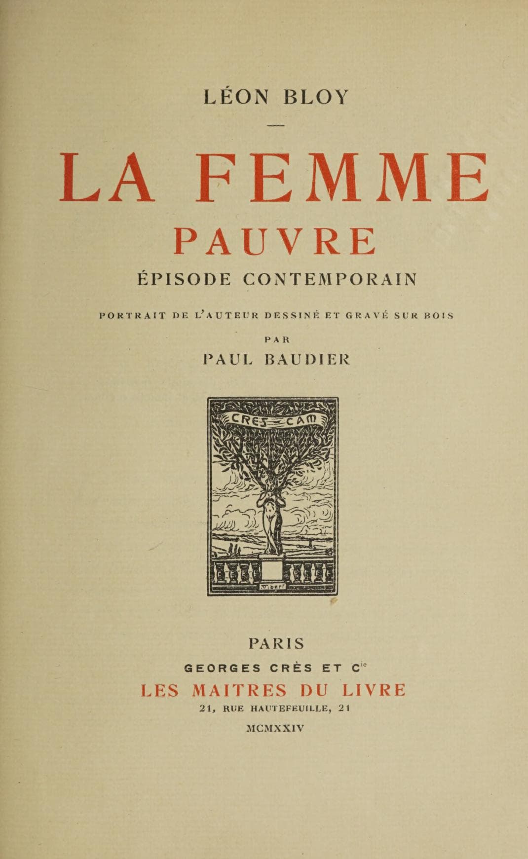 Page de titre de La Femme pauvre de Léon Bloy, édition Georges Crès, 1924