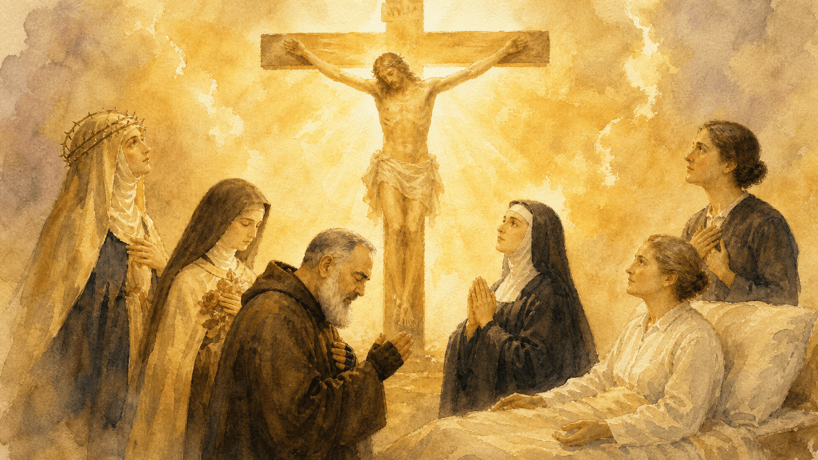 Représentation symbolique des âmes victimes au pied de la Croix du Christ