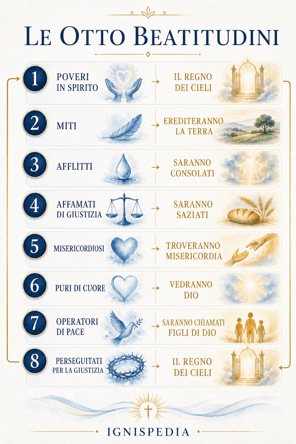Infografica delle otto Beatitudini di Matteo e delle loro promesse