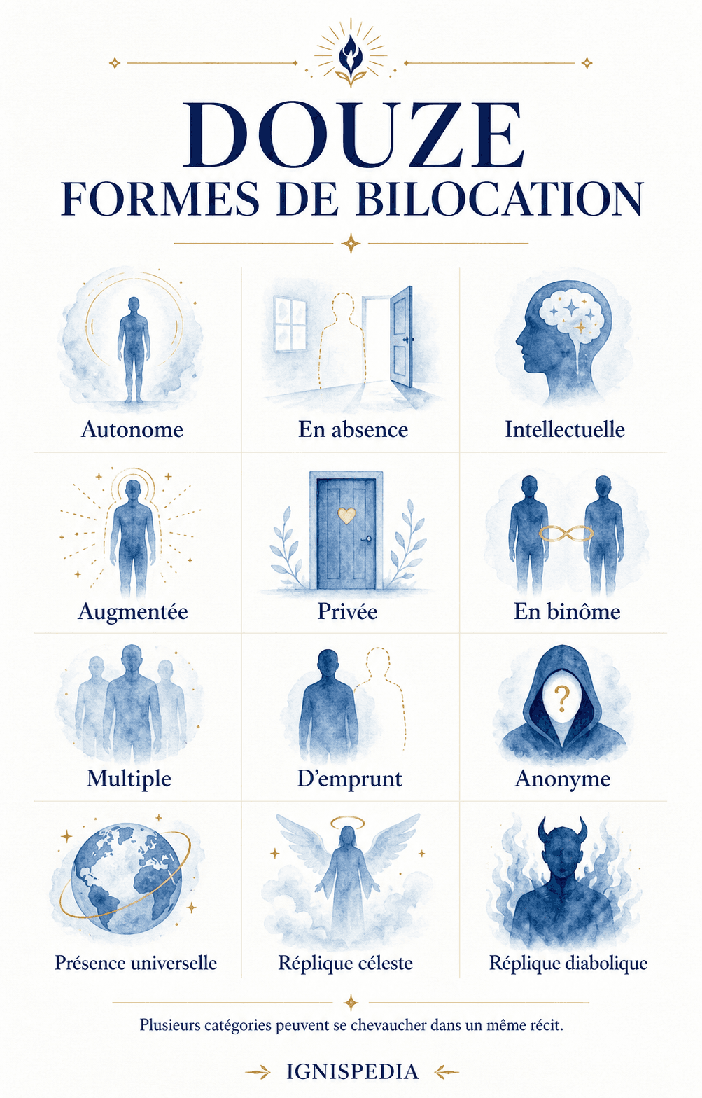 Typologie illustrée de douze formes de bilocation rapportées dans la littérature mystique