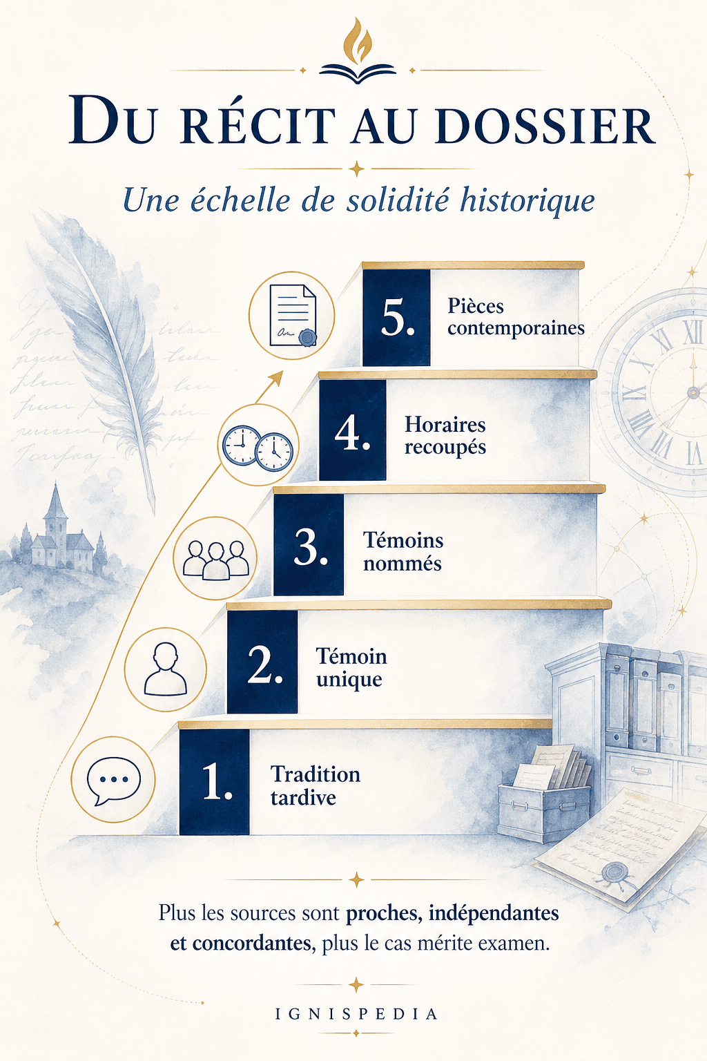 Infographie graduant la solidité historique d'un récit de bilocation