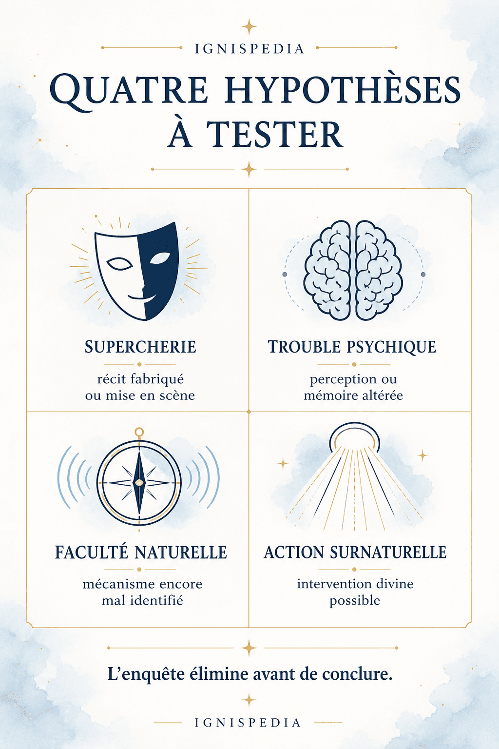Infographie présentant quatre hypothèses à tester face à un récit de bilocation