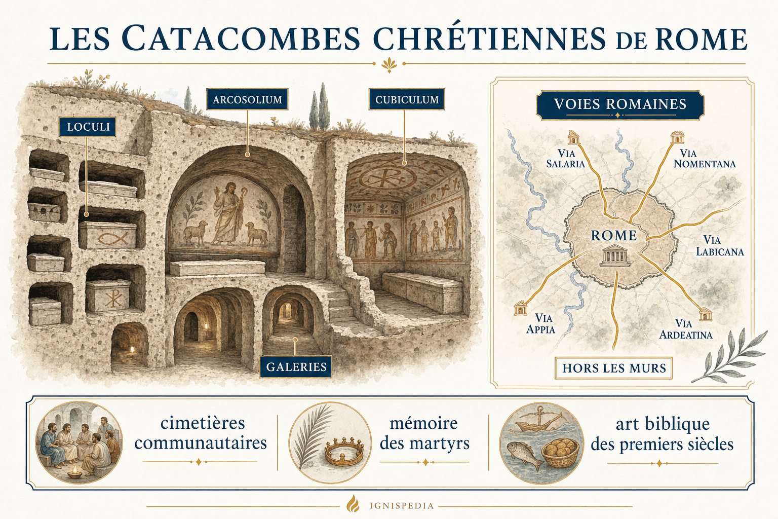 Esquema de las catacumbas cristianas de Roma, con loculi, arcosolio, cubiculum y vías romanas