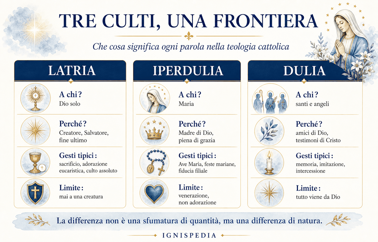 Tabella visiva che confronta latria, iperdulia e dulia