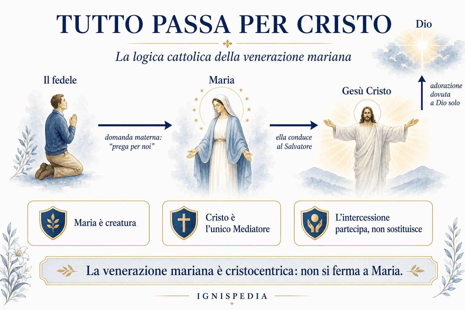 Schema che mostra come la venerazione mariana conduca a Cristo e non sostituisca l’adorazione di Dio