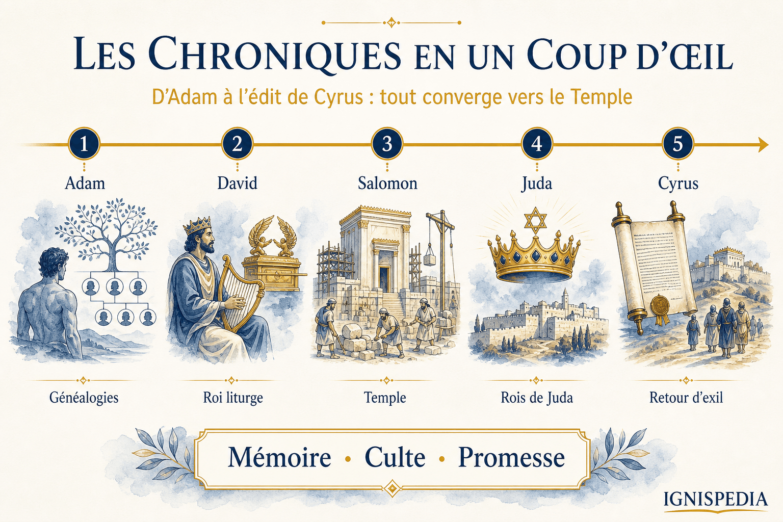 Infographie de l'architecture des deux livres des Chroniques : généalogies, David, Salomon, rois de Juda, édit de Cyrus