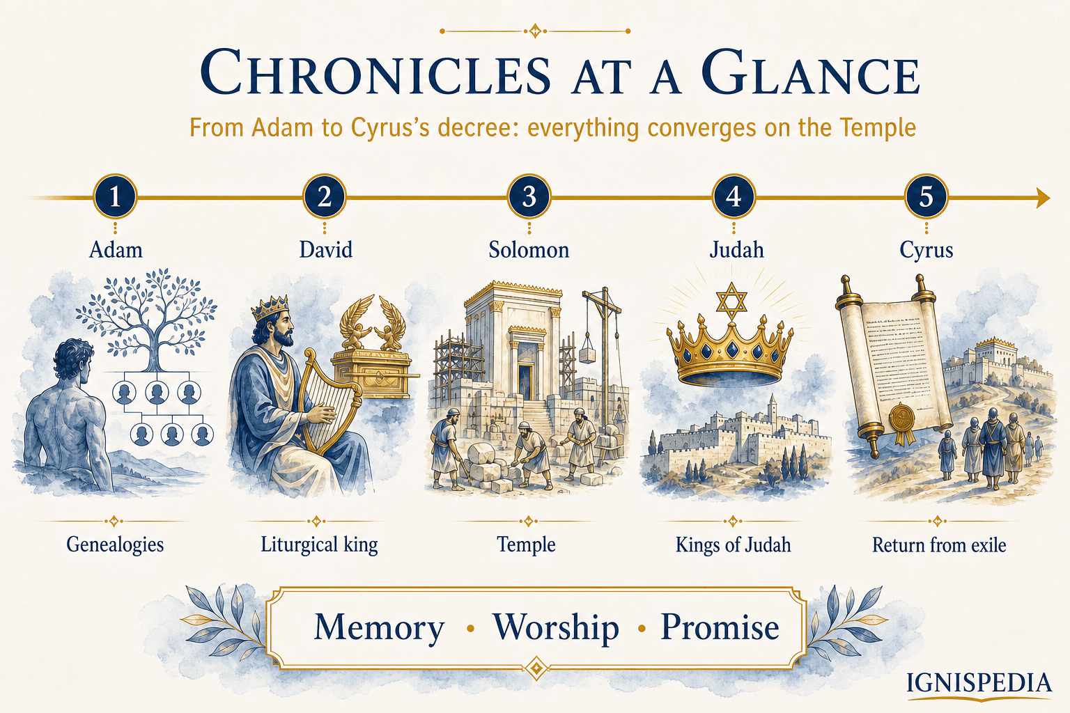 Infographic of the structure of the two Books of Chronicles: genealogies, David, Solomon, kings of Judah, Edict of Cyrus