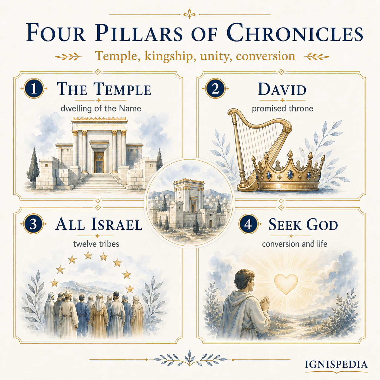 Infographic of the four major themes of Chronicles: the Temple, the covenant with David, all Israel, retribution