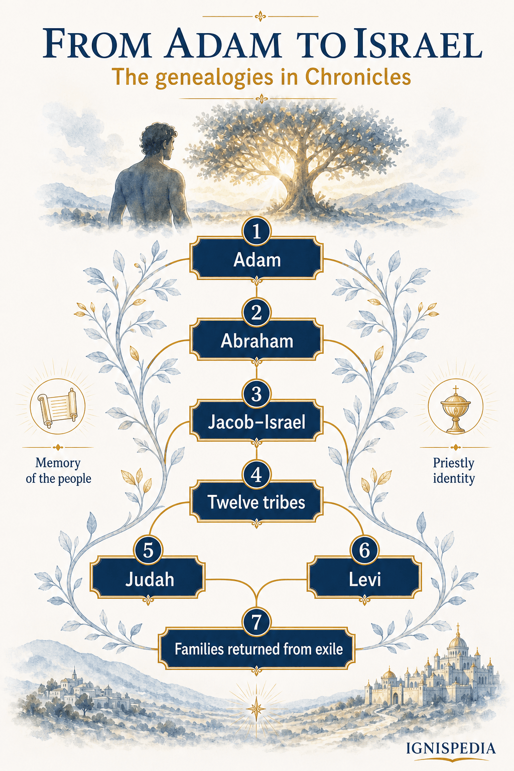 Infographic of the genealogies in Chronicles, from Adam to Israel, Judah, Levi, and the families returned from exile