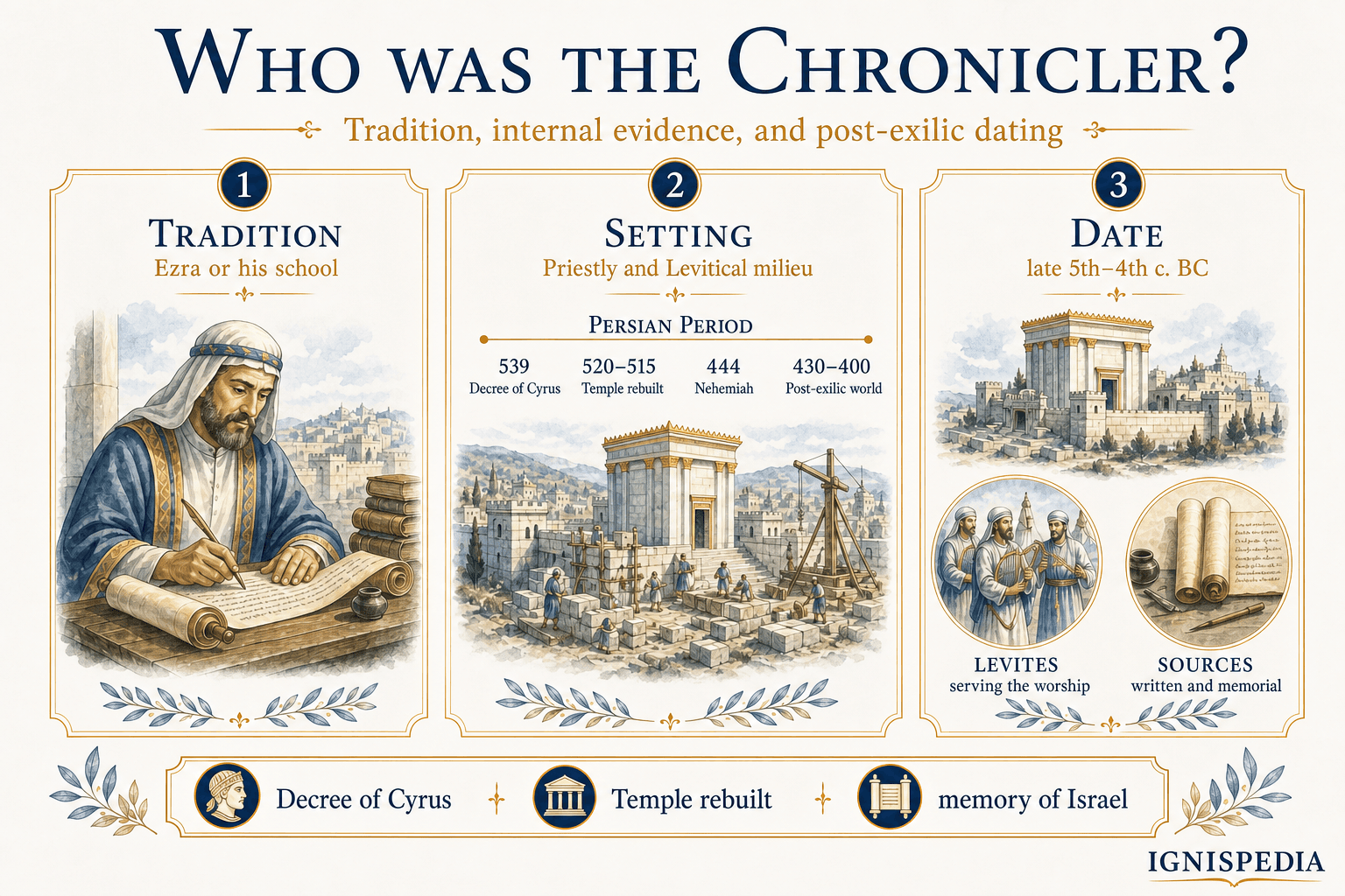 Infographic about the Chronicler: Ezra tradition, priestly milieu, and post-exilic dating