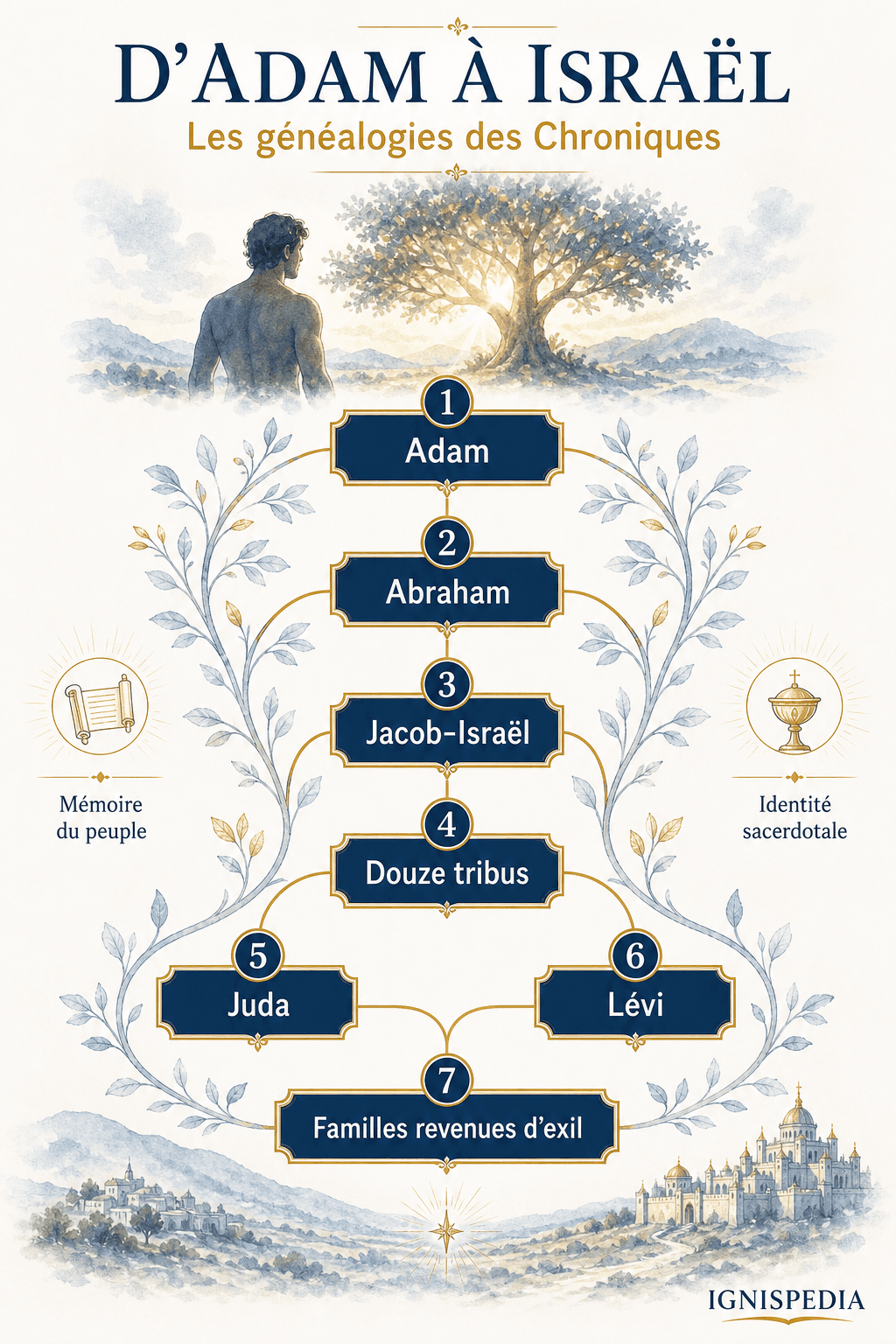 Infographie des généalogies des Chroniques, d'Adam à Israël, Juda, Lévi et aux familles revenues d'exil