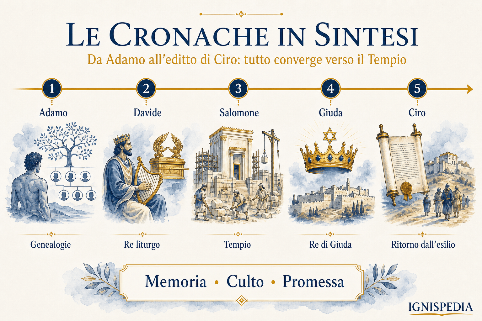 Infografica dell’architettura dei due libri delle Cronache: genealogie, Davide, Salomone, re di Giuda, editto di Ciro