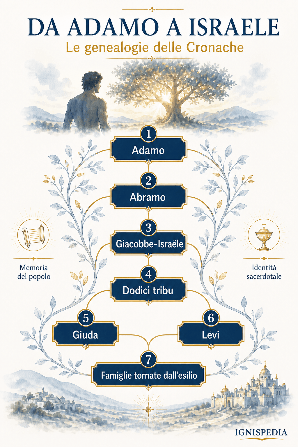 Infografica delle genealogie delle Cronache, da Adamo a Israele, Giuda, Levi e alle famiglie tornate dall’esilio