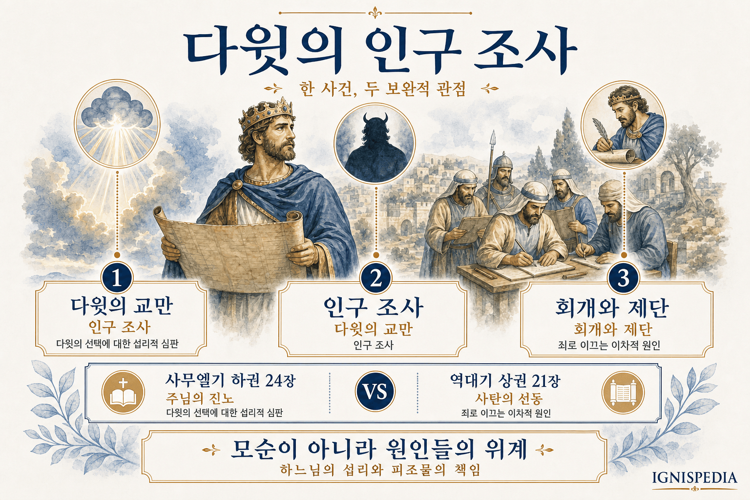 사무엘기 하권 24장과 역대기 상권 21장의 다윗 인구조사 차이 설명 인포그래픽