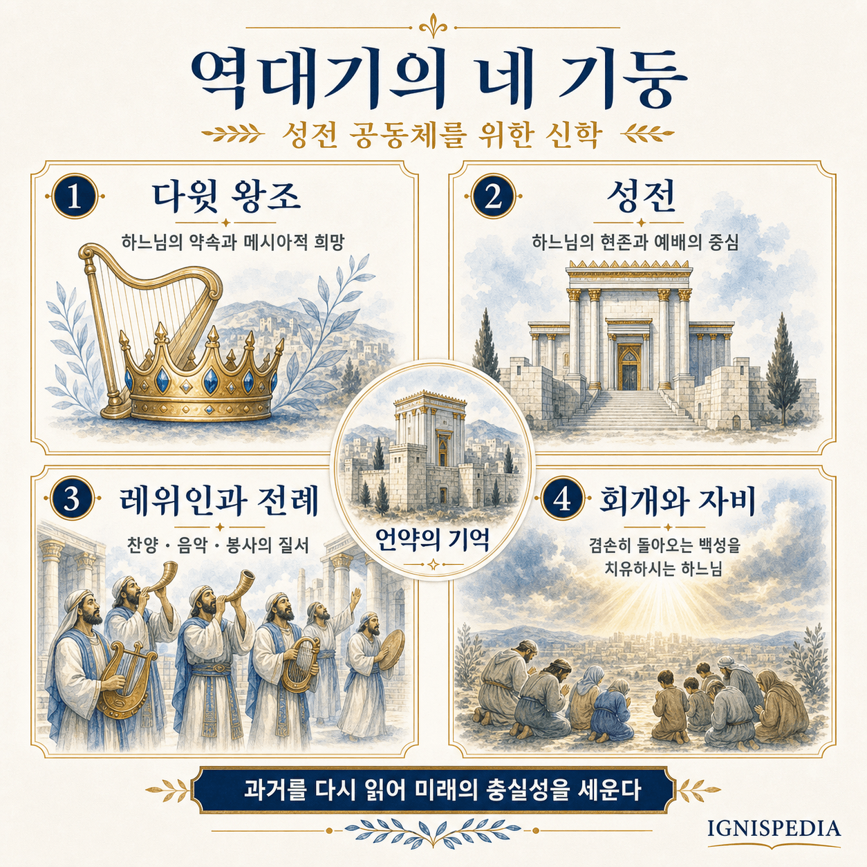 역대기의 네 가지 주요 주제 인포그래픽: 성전, 다윗과의 계약, 온 이스라엘, 보응
