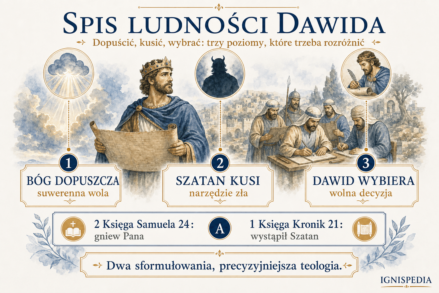 Infografika wyjaśniająca różnicę między 2 Sm 24 a 1 Krn 21 w spisie ludności za Dawida