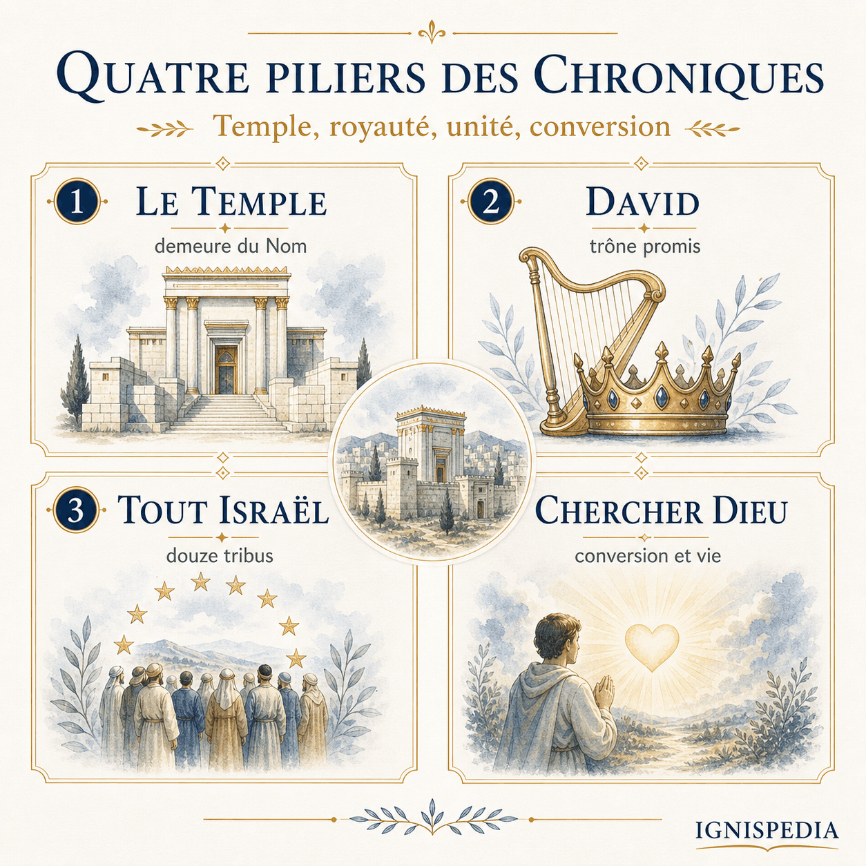 Infographie des quatre grands thèmes des Chroniques : le Temple, l'alliance avec David, tout Israël, la rétribution