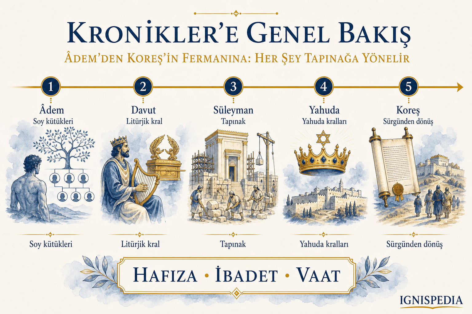 Tarihler kitaplarının yapısının infografiği: soyağaçları, Davud, Süleyman, Yahuda kralları, Koreş’in fermanı