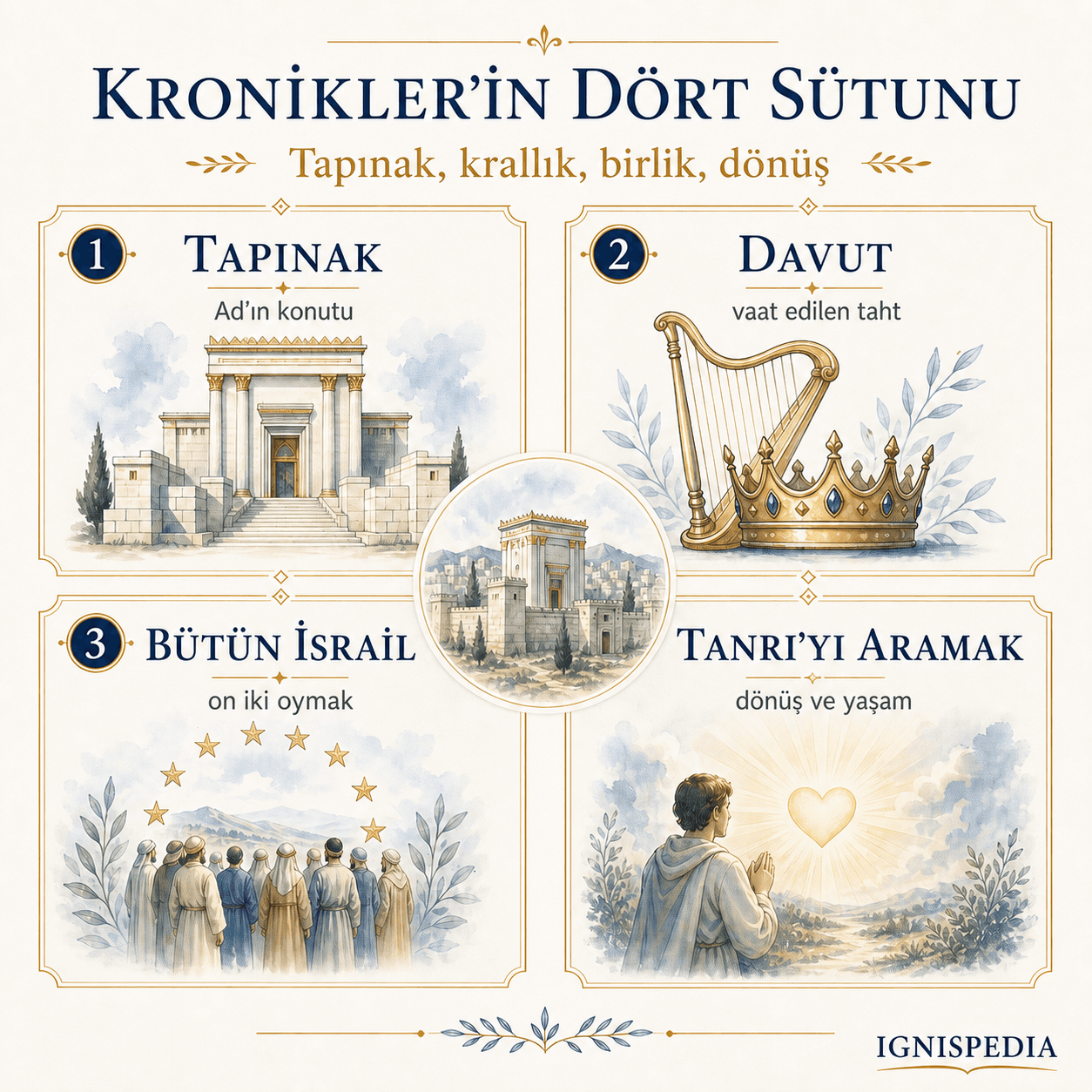 Tarihler’in dört ana teması infografiği: Tapınak, Davud’la antlaşma, bütün İsrail, karşılık
