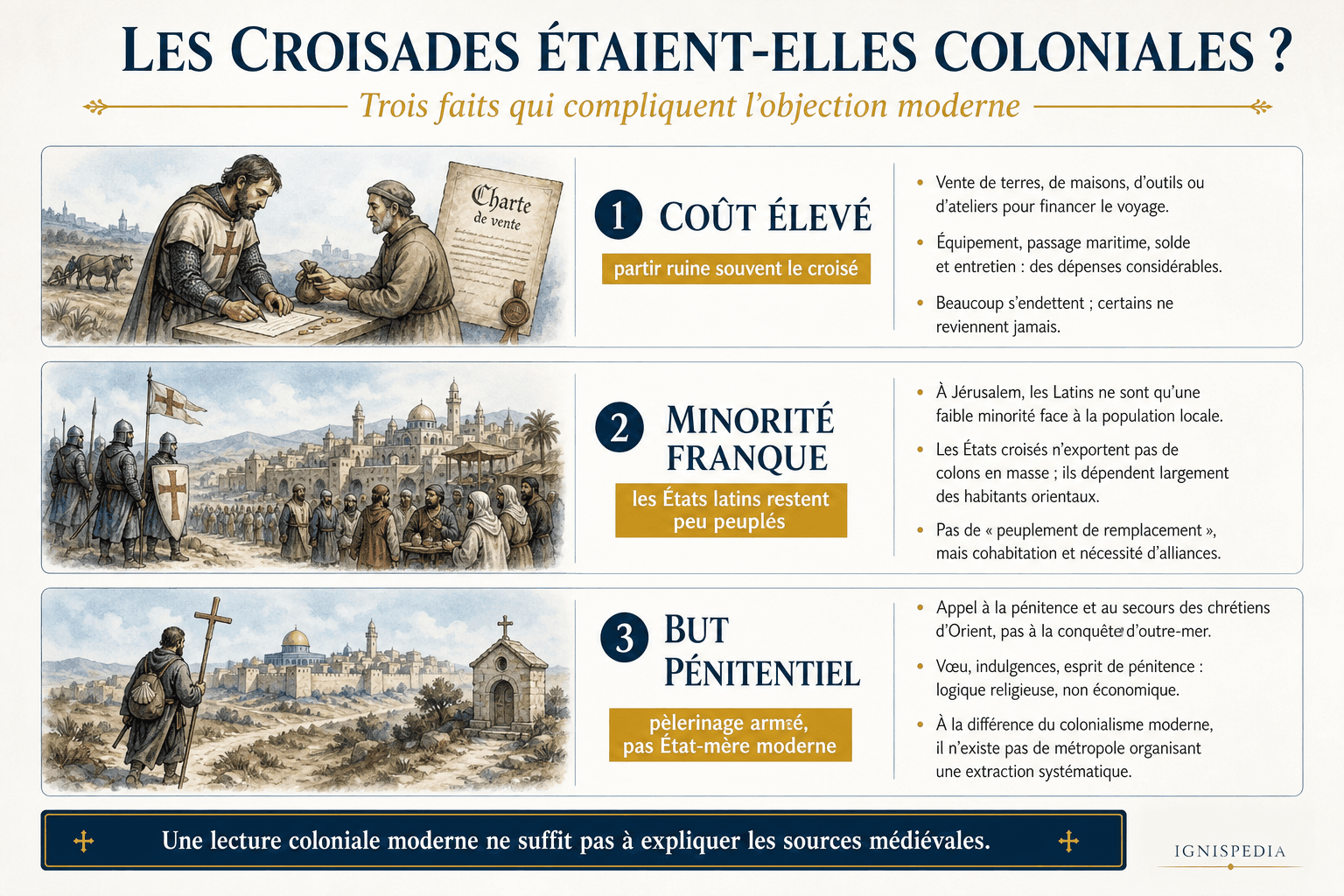 Infographie repondant a l'objection coloniale contre les croisades par trois faits historiques