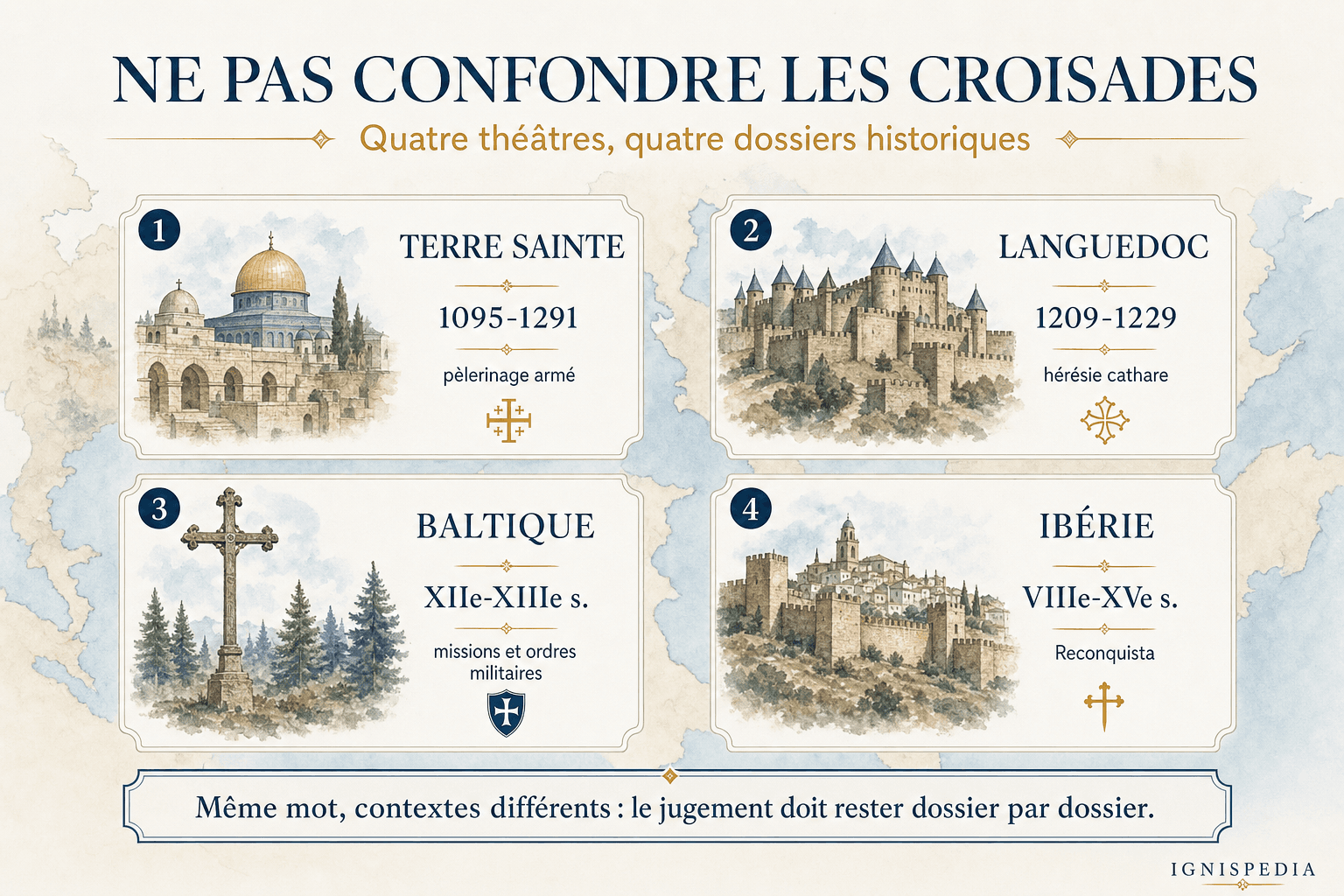 Infographie distinguant les quatre theatres des croisades : Terre sainte, Languedoc, Baltique et Iberie