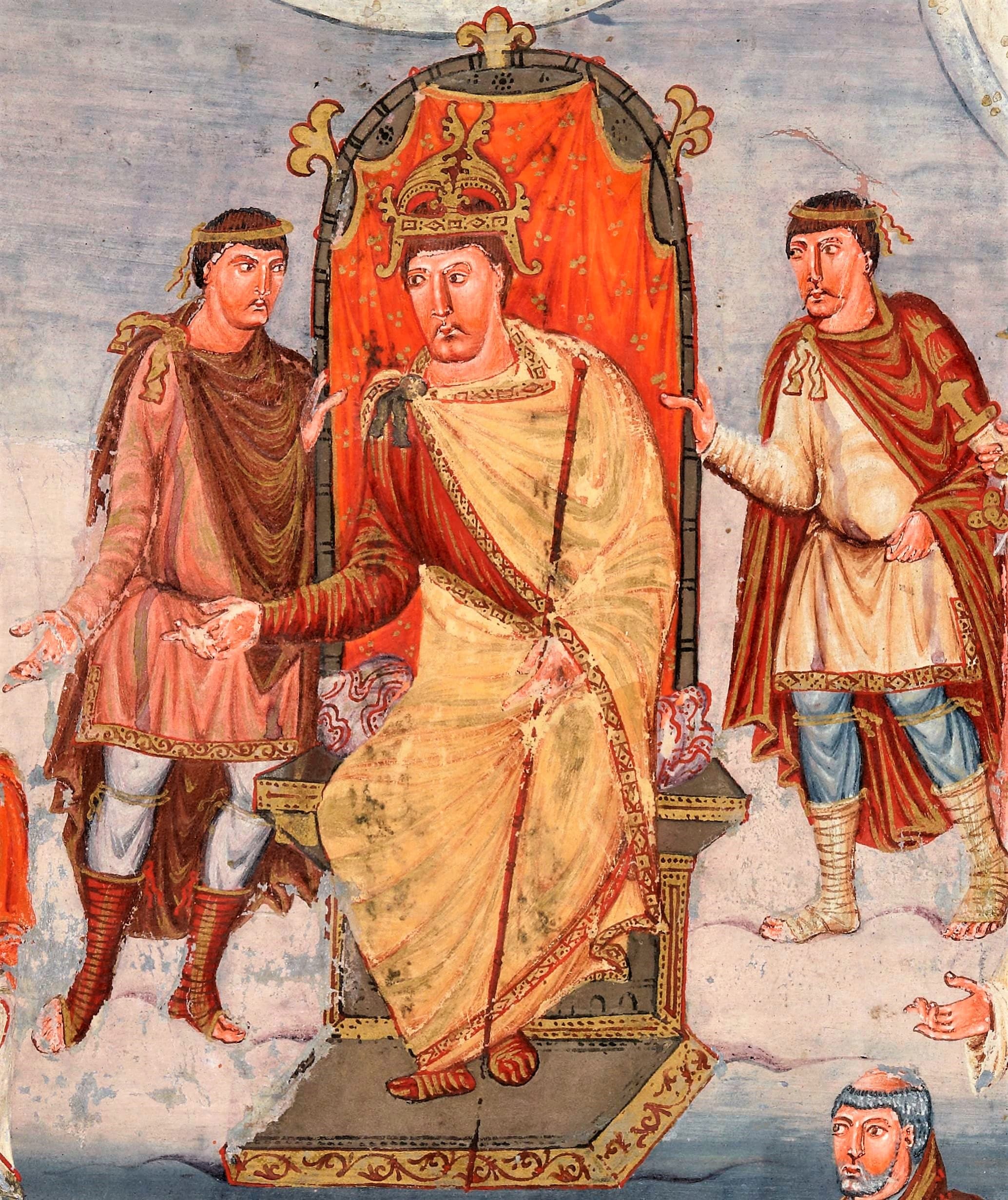 Charles le Chauve trônant, détail de la miniature de dédicace de la Bible de Vivien