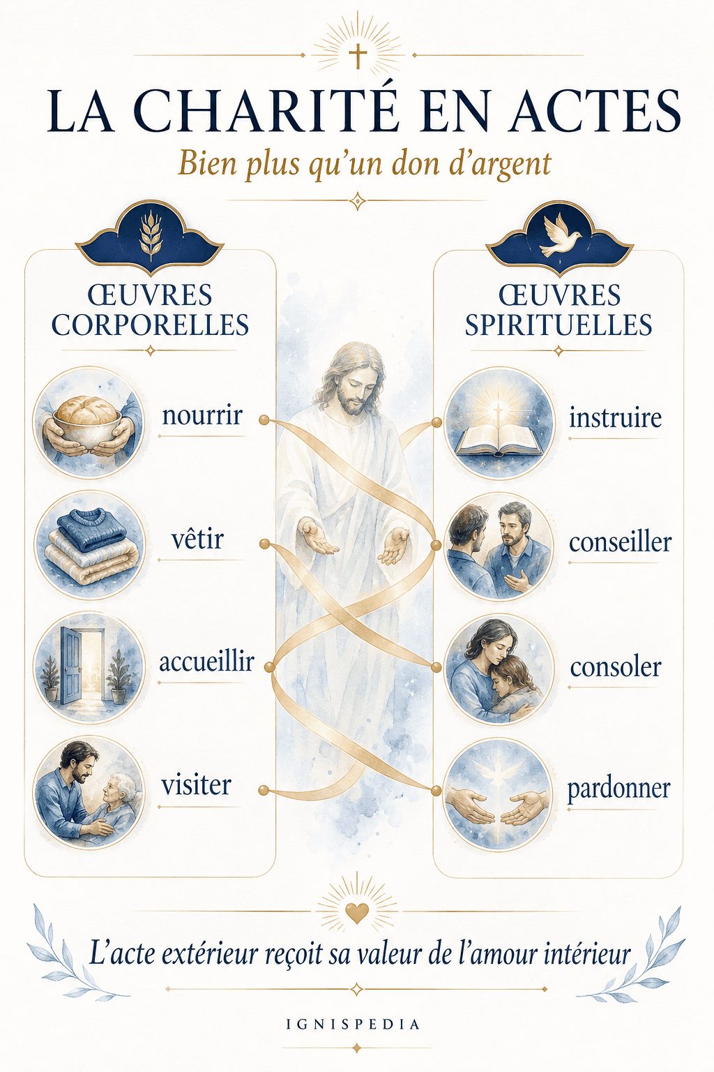 Infographie comparant les œuvres corporelles et spirituelles de charité