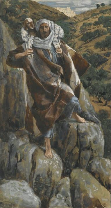 Cristo Bom Pastor carregando um cordeiro aos ombros, aguarela de James Tissot