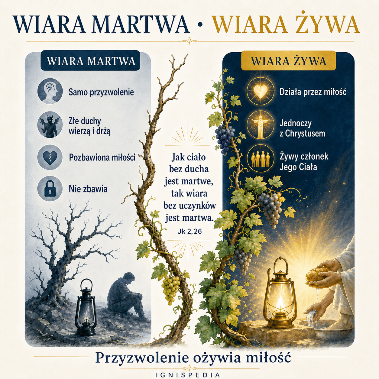 Porównanie martwej wiary pozbawionej miłości i żywej wiary działającej poprzez miłość
