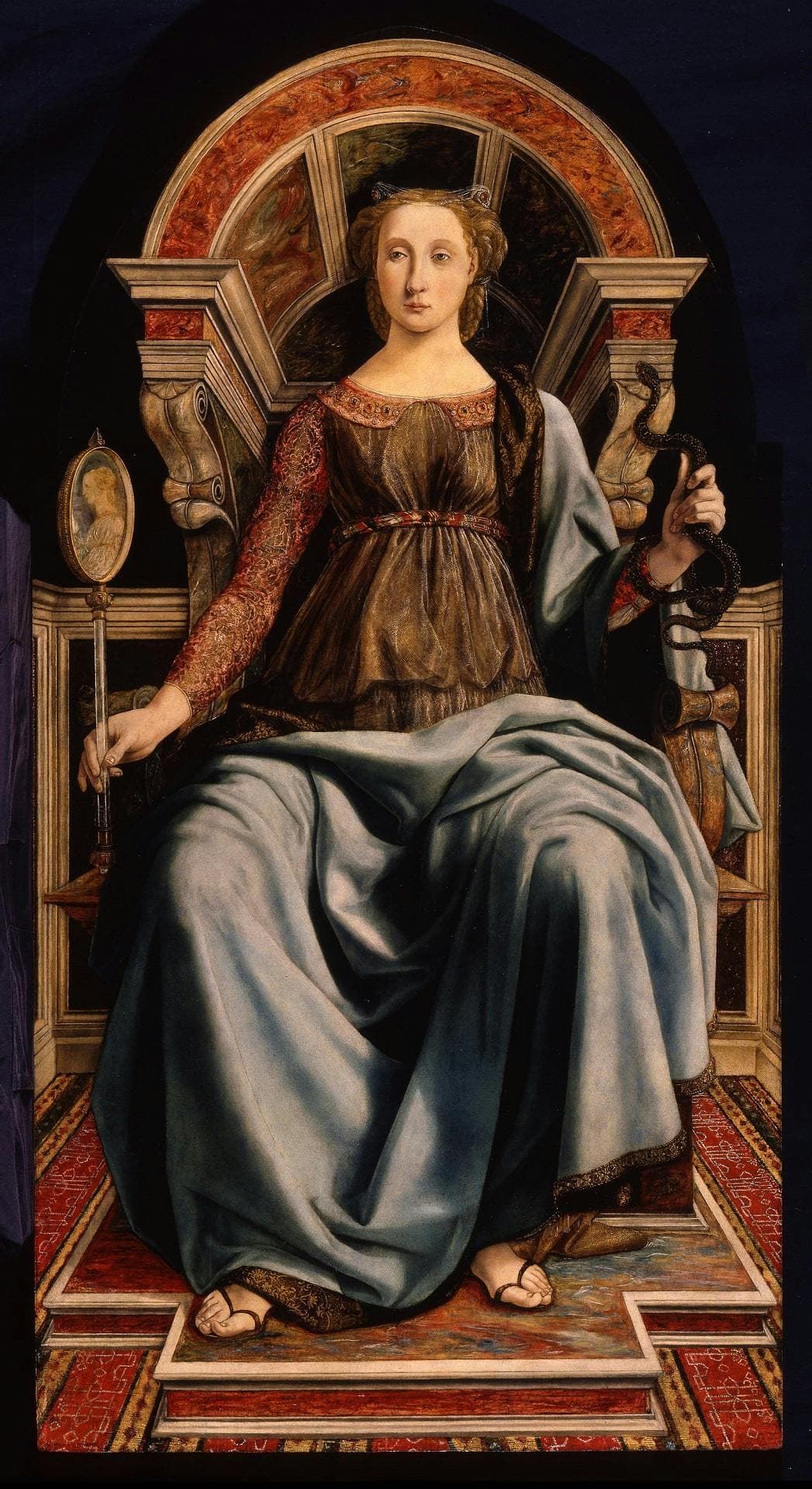 Allegory of Prudence holding a mirror and a serpent, by Piero del Pollaiuolo