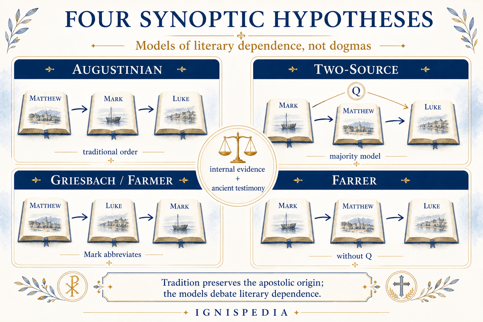 Infographic comparing the four major hypotheses of the synoptic problem