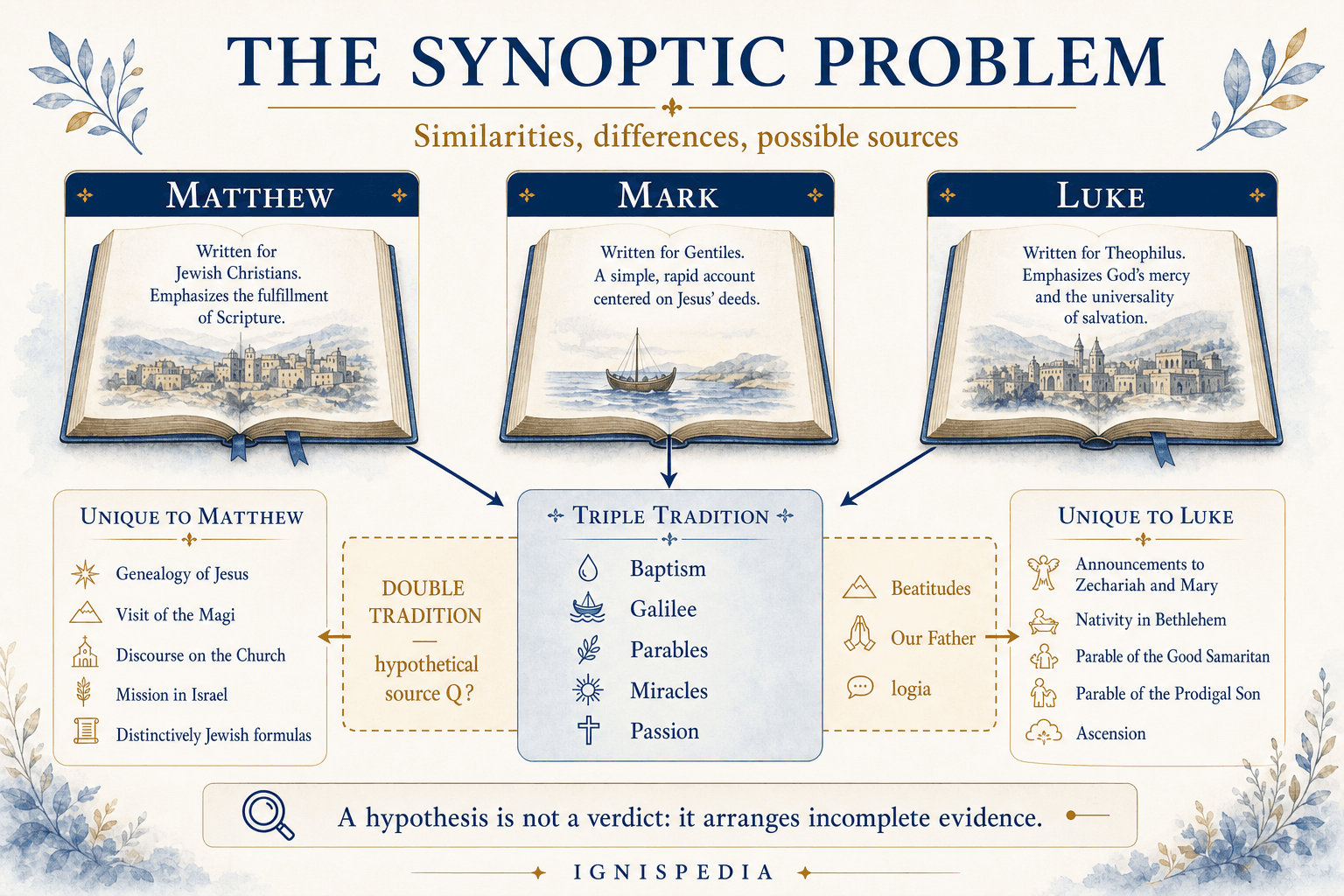 Diagram of the triple tradition, the double tradition Q, and materials unique to Matthew and Luke