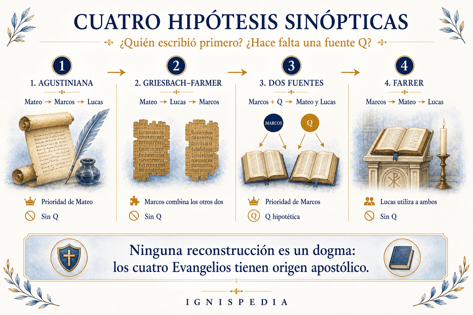 Infografía comparando las cuatro grandes hipótesis del problema sinóptico
