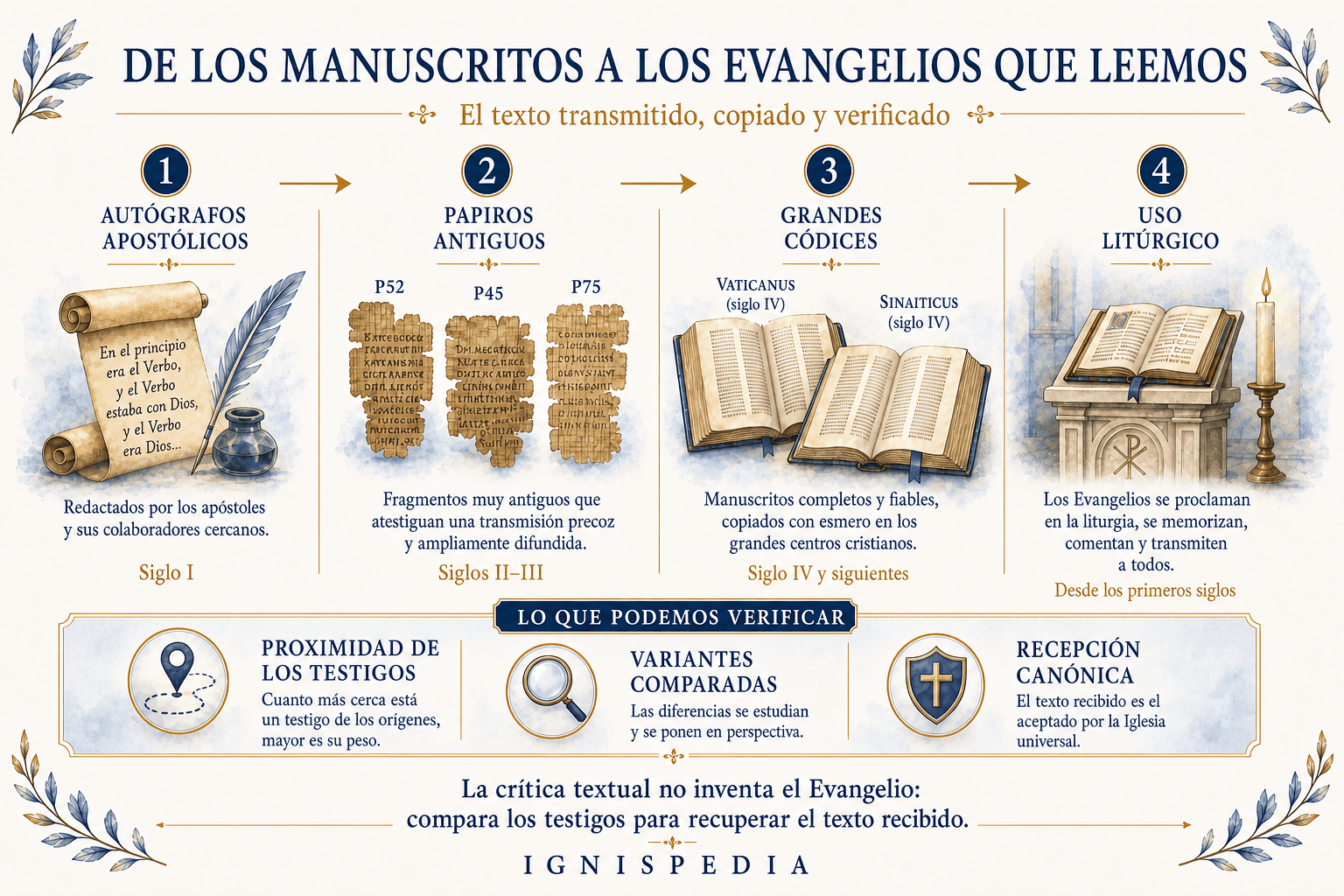 Infografía sobre la transmisión de los Evangelios desde los autógrafos apostólicos hasta su uso litúrgico