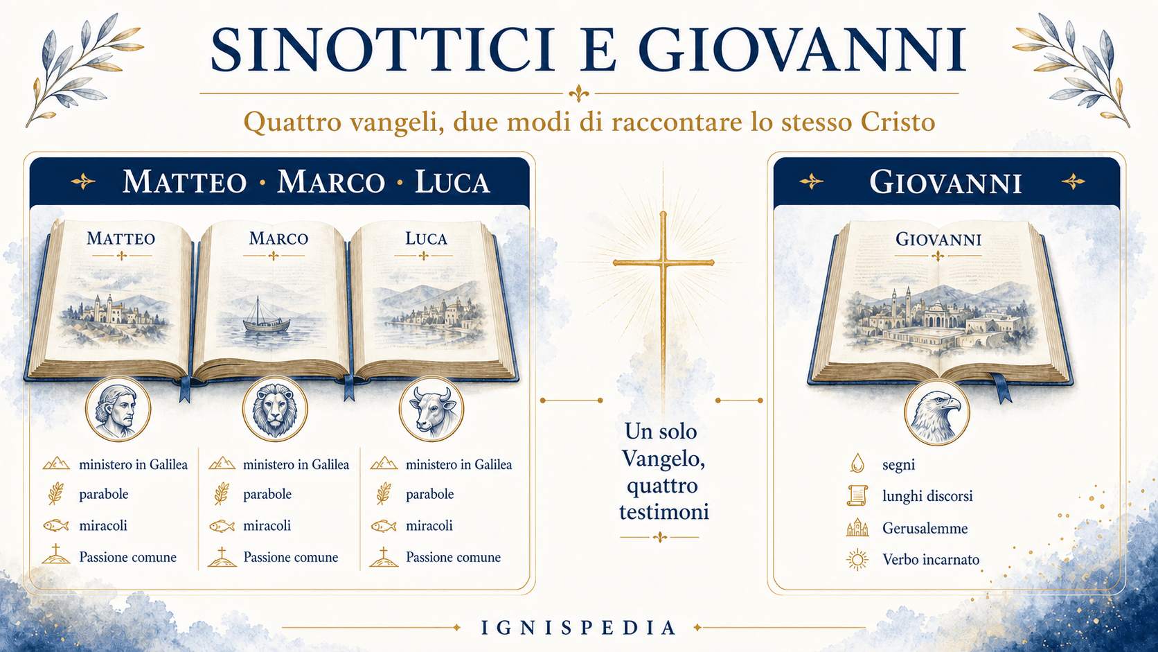Infografica che confronta i tre vangeli sinottici e il vangelo di Giovanni