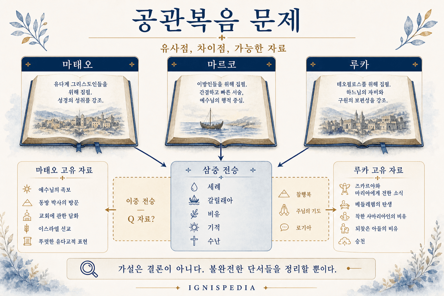 삼중 전통, 이중 전통 Q, 마태오와 루카 고유 자료의 도식