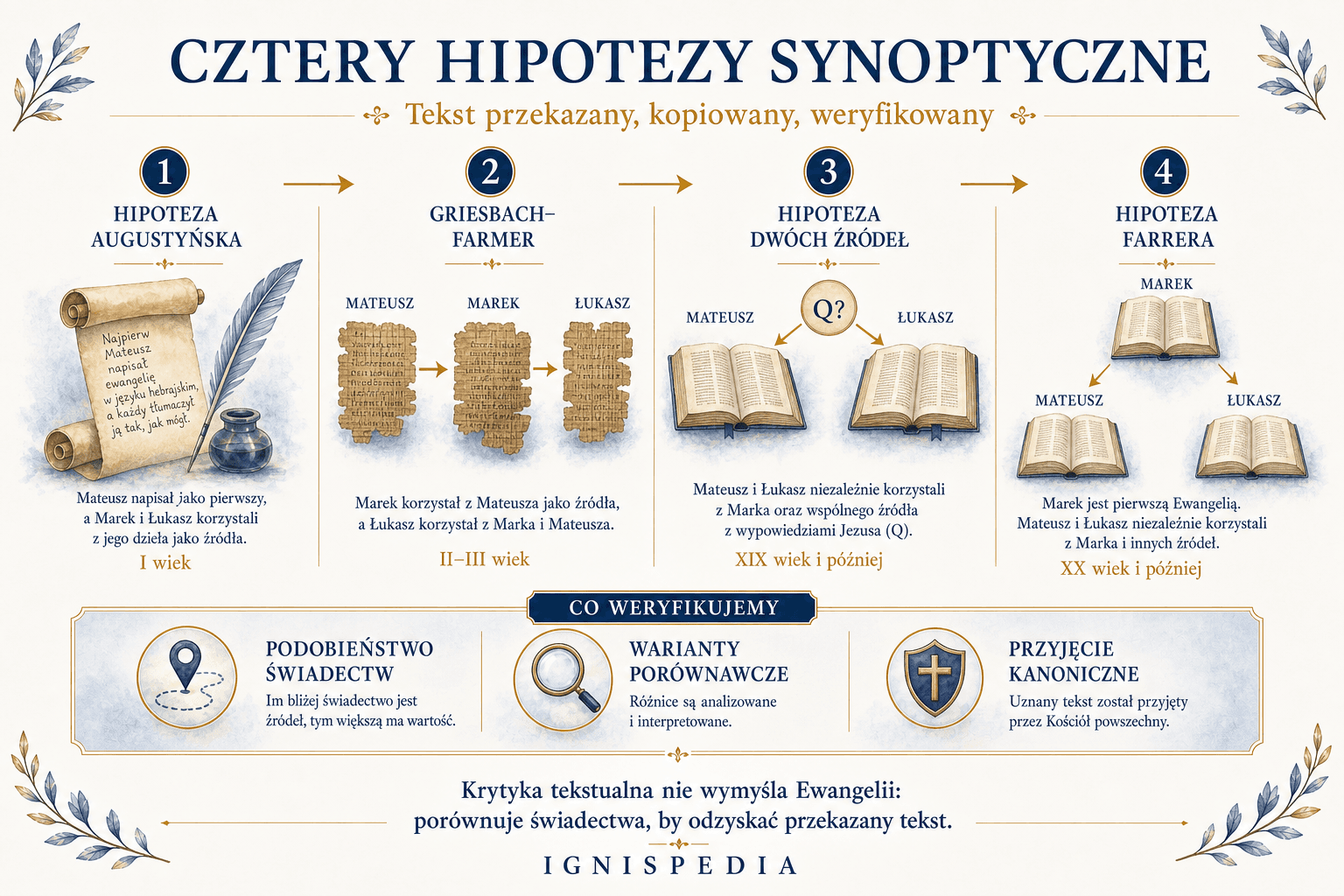 Infografika porównująca cztery główne hipotezy problemu synoptycznego