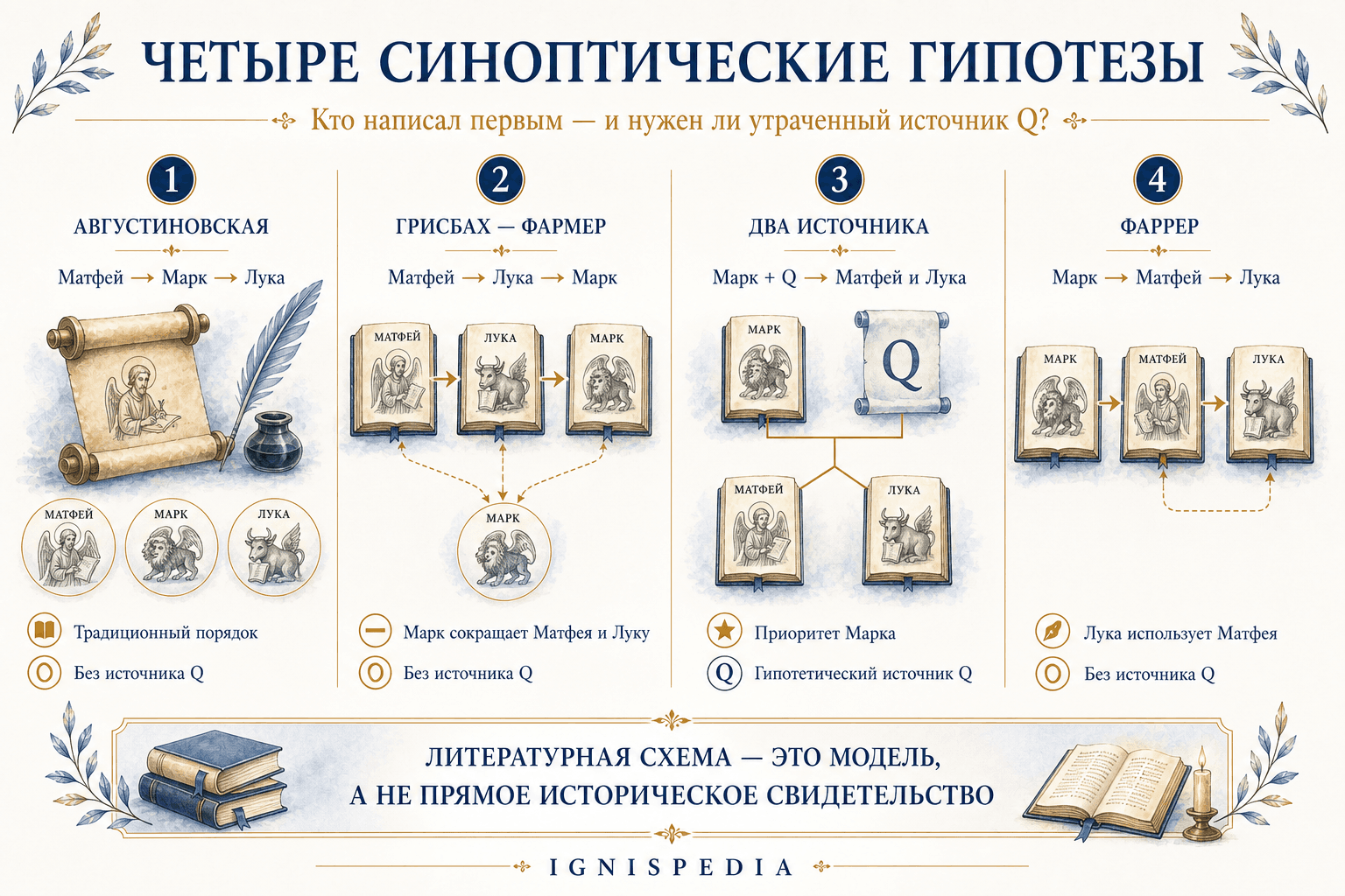 Инфографика, сравнивающая четыре основные гипотезы синоптической проблемы