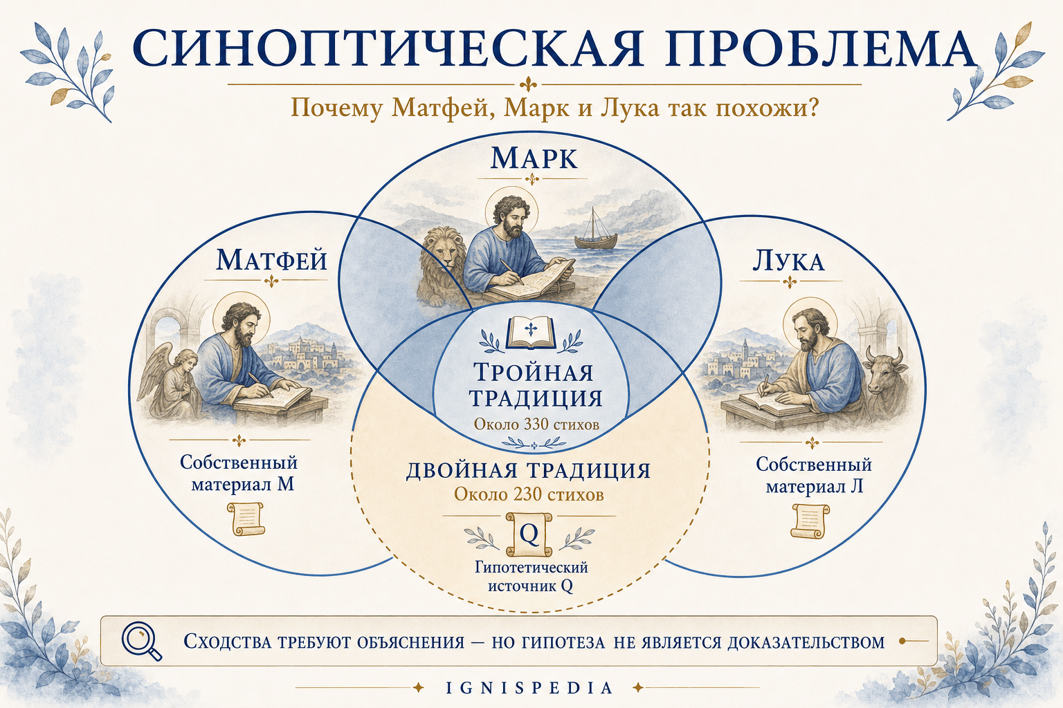 Схема тройной традиции, двойной традиции Q и собственных материалов Матфея и Луки
