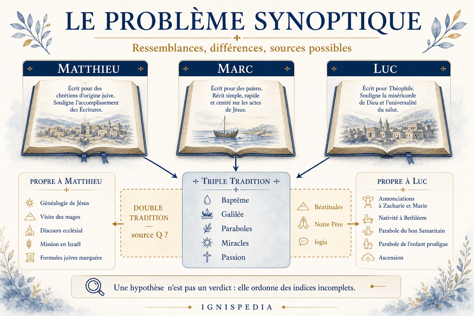 Schéma de la triple tradition, de la double tradition Q et des matériaux propres à Matthieu et Luc