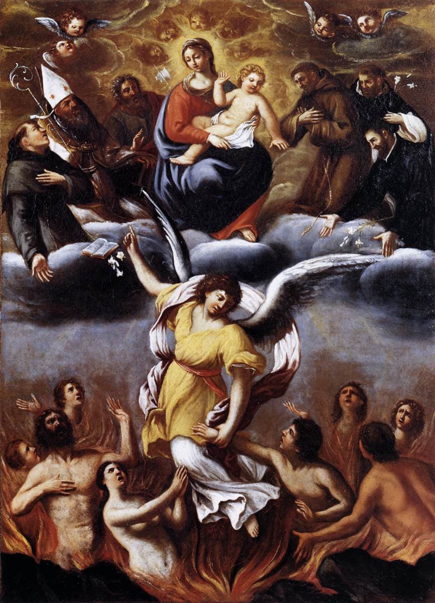 El Purgatorio, cuadro de Ludovico Carracci (hacia 1610), Pinacoteca vaticana: unas almas en oración se elevan hacia la luz a través de las llamas de la purificación.