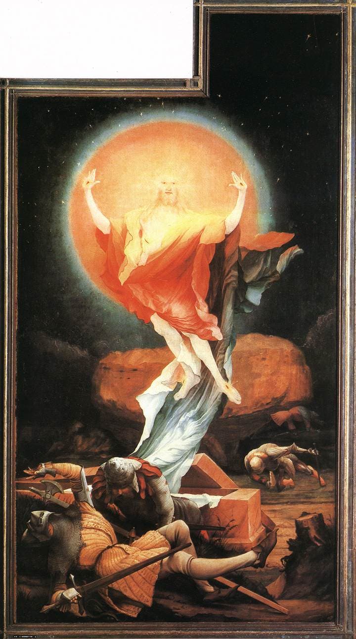 La Resurrección, panel del retablo de Isenheim por Matthias Grünewald (1512-1516), museo de Unterlinden, Colmar: Cristo resucitado se eleva del sepulcro, envuelto en luz, mientras los guardias yacen derribados.