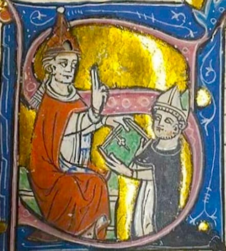 Johannes XXII. segnet Bernhard Gui in einer mittelalterlichen Miniatur