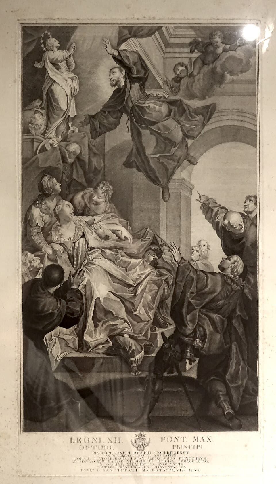 Gravure ancienne représentant saint Joseph de Cupertino en lévitation devant des témoins