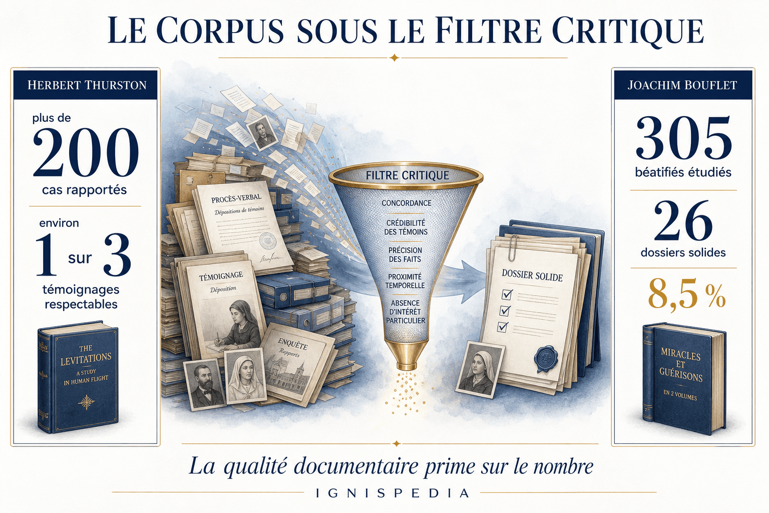 Infographie comparant le corpus de Herbert Thurston et l'échantillon critique de Joachim Bouflet