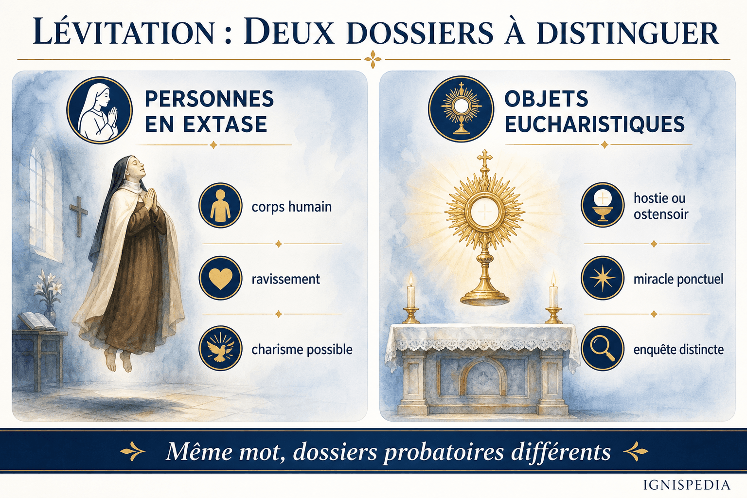 Infographie distinguant la lévitation de personnes en extase et la suspension d'objets eucharistiques