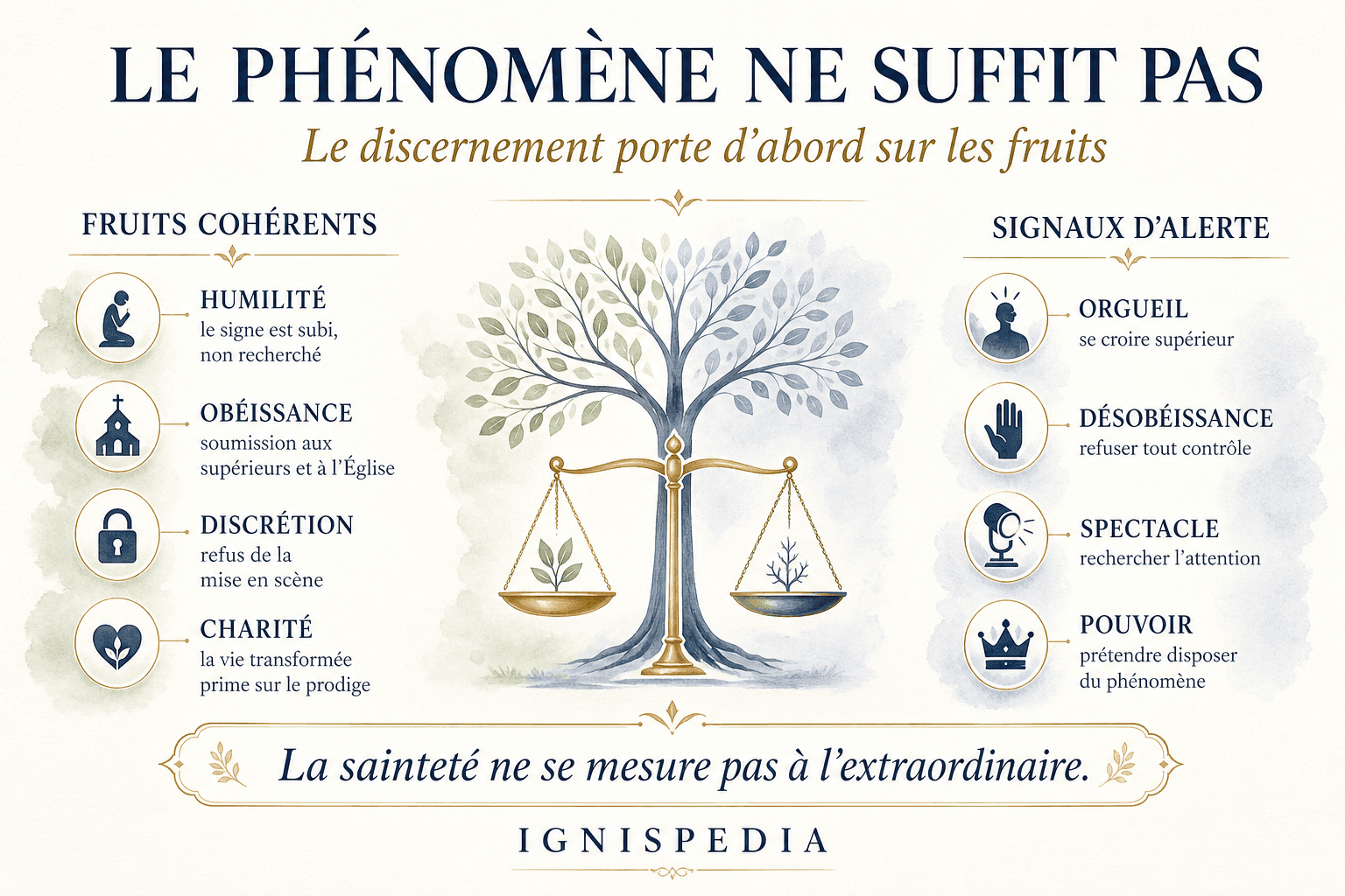 Infographie comparant les fruits spirituels authentiques et les signes suspects dans un récit de lévitation