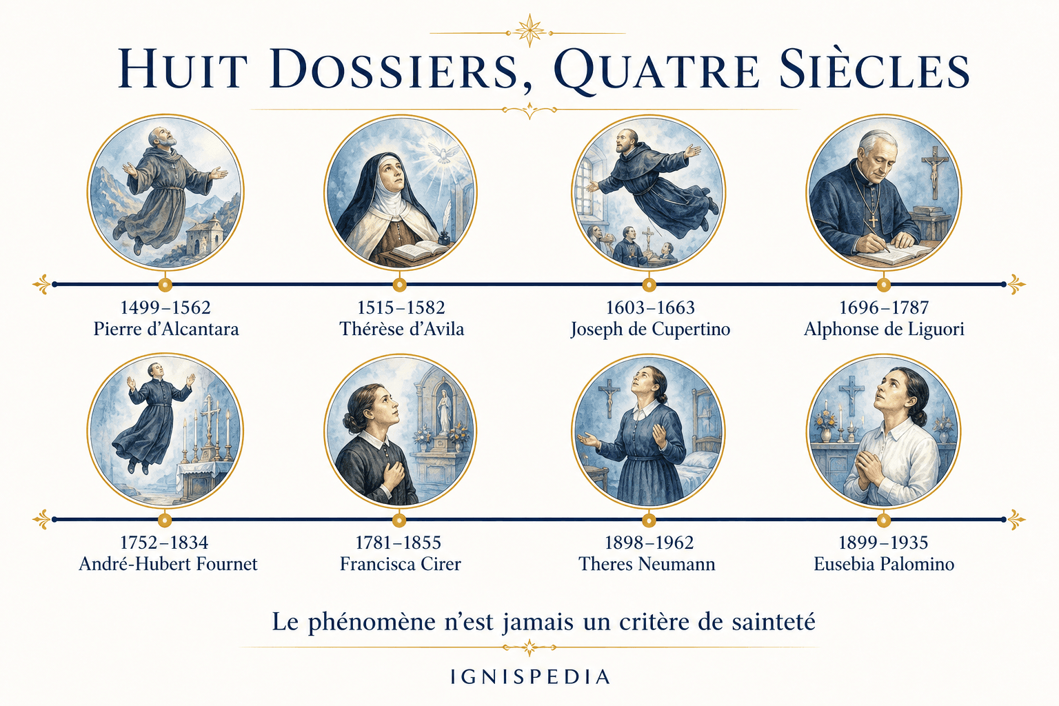 Infographie chronologique de huit dossiers de lévitation sur quatre siècles