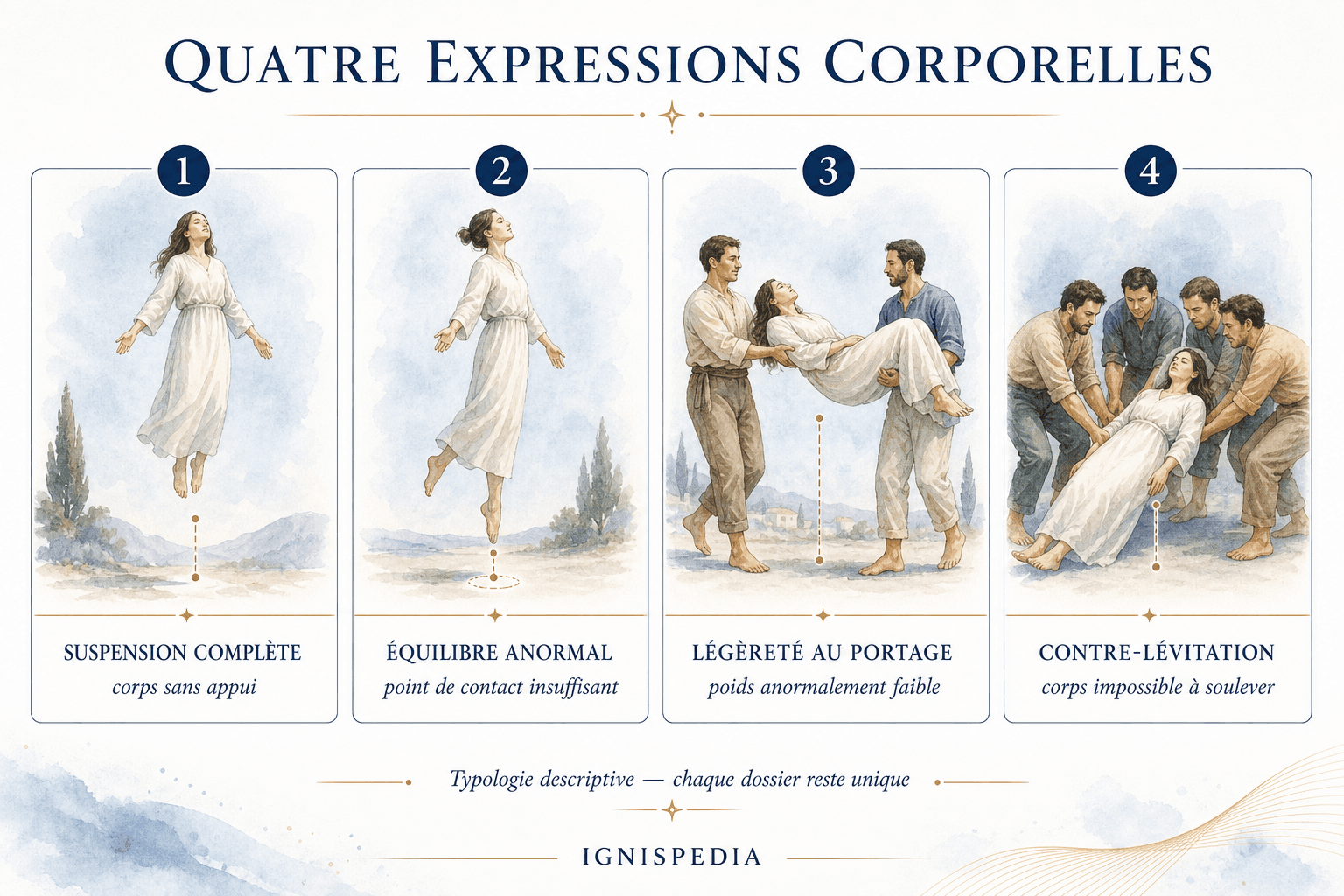Infographie des quatre expressions corporelles associées aux récits de lévitation